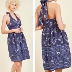 MODCLOTH Halter Top Dress Haute Happenstance Shibori Fit and Flare Blue Large